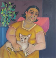 TiTi Dolores y Coquito sentados retrato femenino con mascota chihuahua colores oscuros