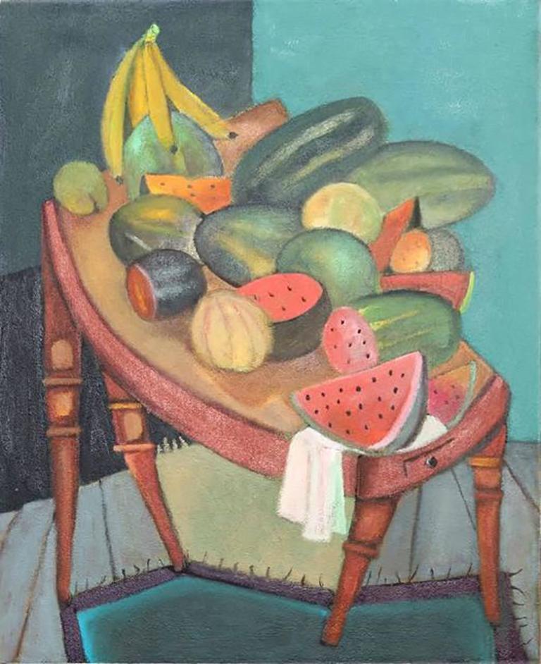 Stephen Basso Interior Painting - top banana, colorful food theme oil painting 