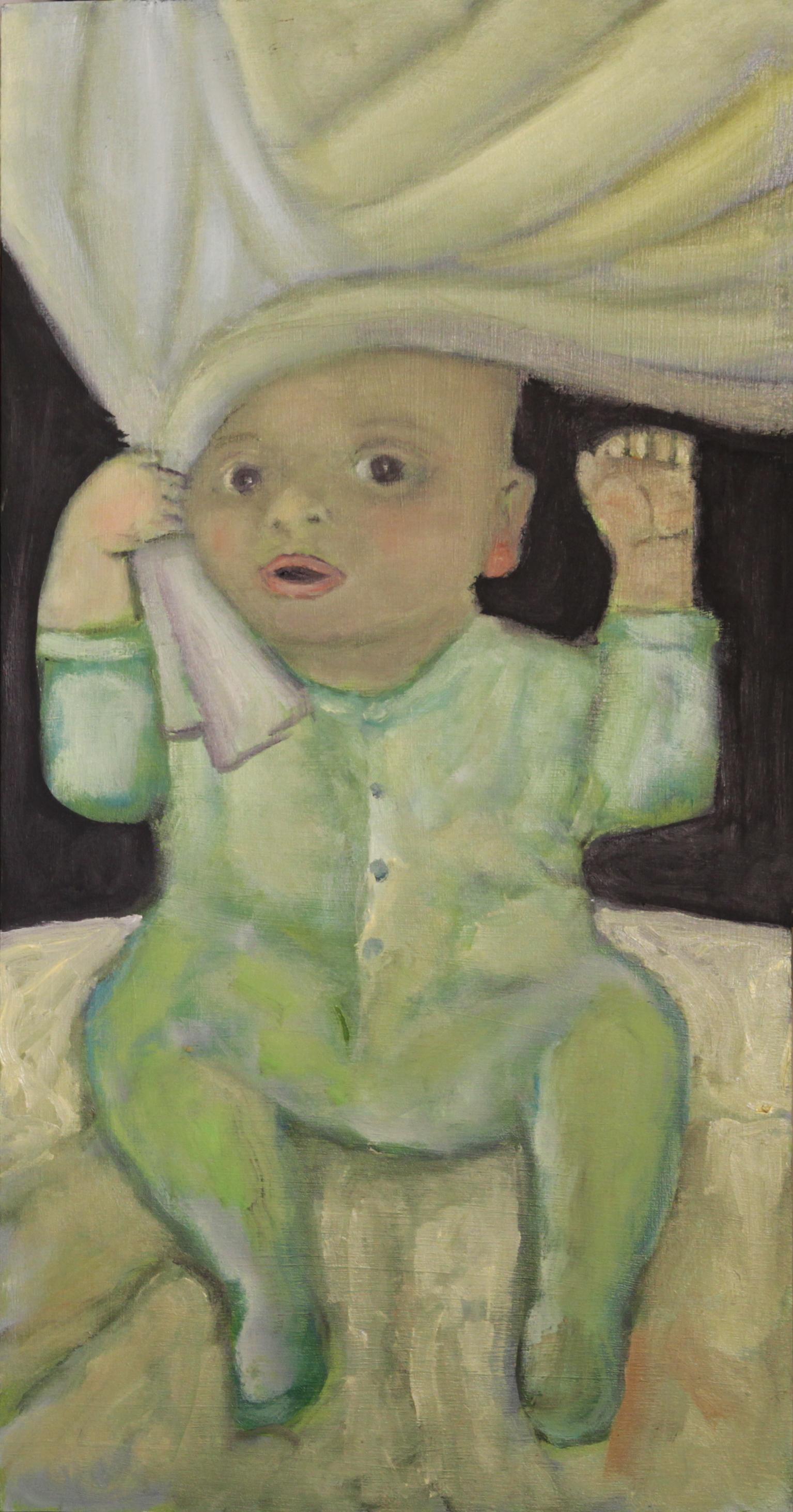 Stephen Basso Figurative Painting - Towel Prince.  Baby in soft color sleepy dreamlike happy character
