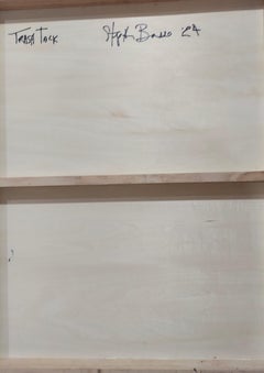 Trash Talk, seated shirtless male figure parrots & cat yellow & warm green color