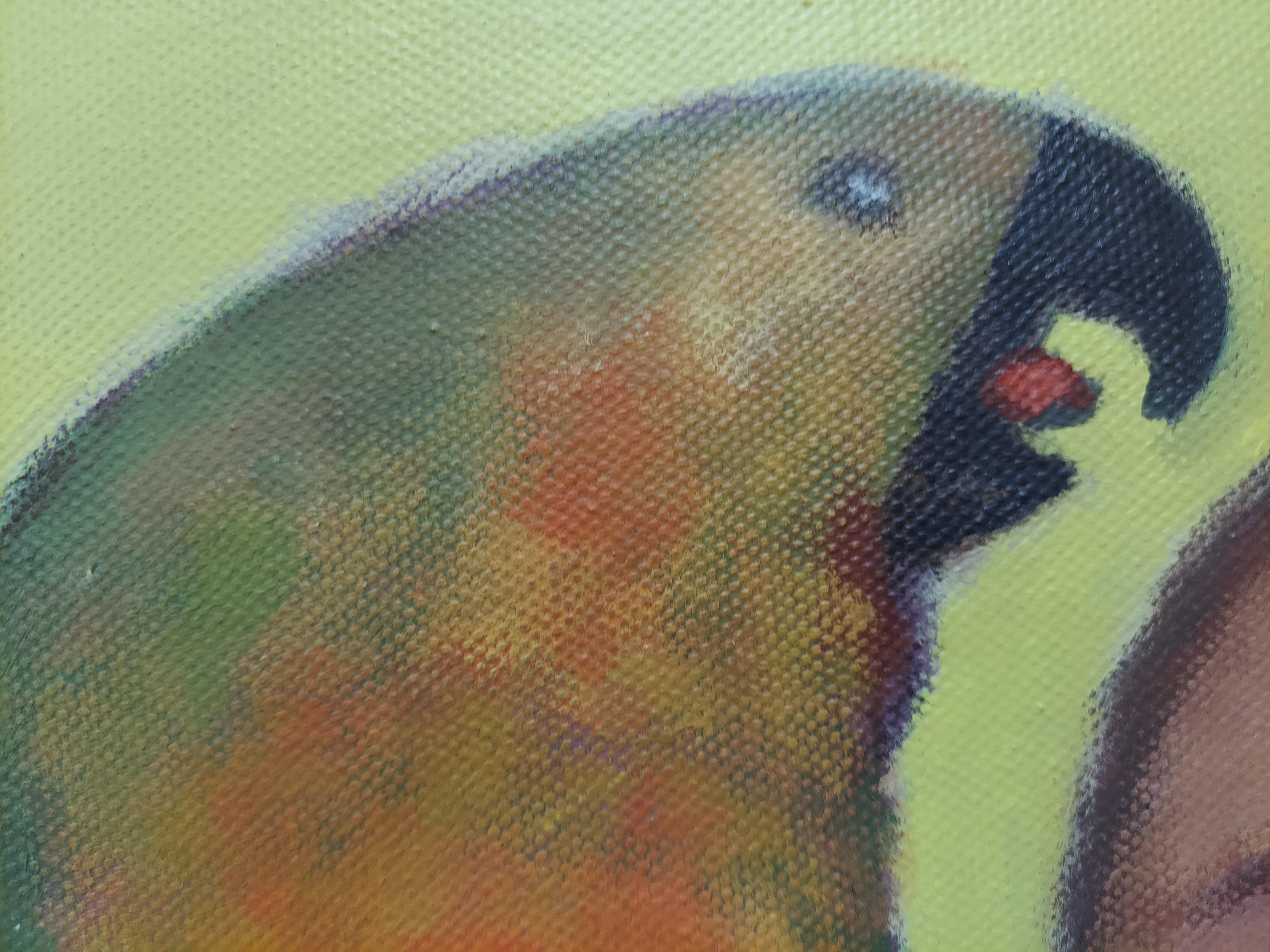 Trash Talk, figura maschile seduta a torso nudo con pappagalli e gatti di colore giallo e verde caldo - Animal Painting Marrone di Stephen Basso