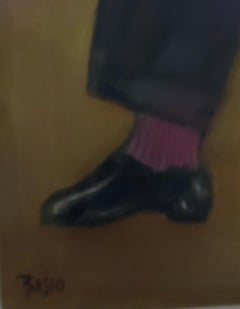 Travel Guide. Seated male figure reading large yellow bird shaped canvas