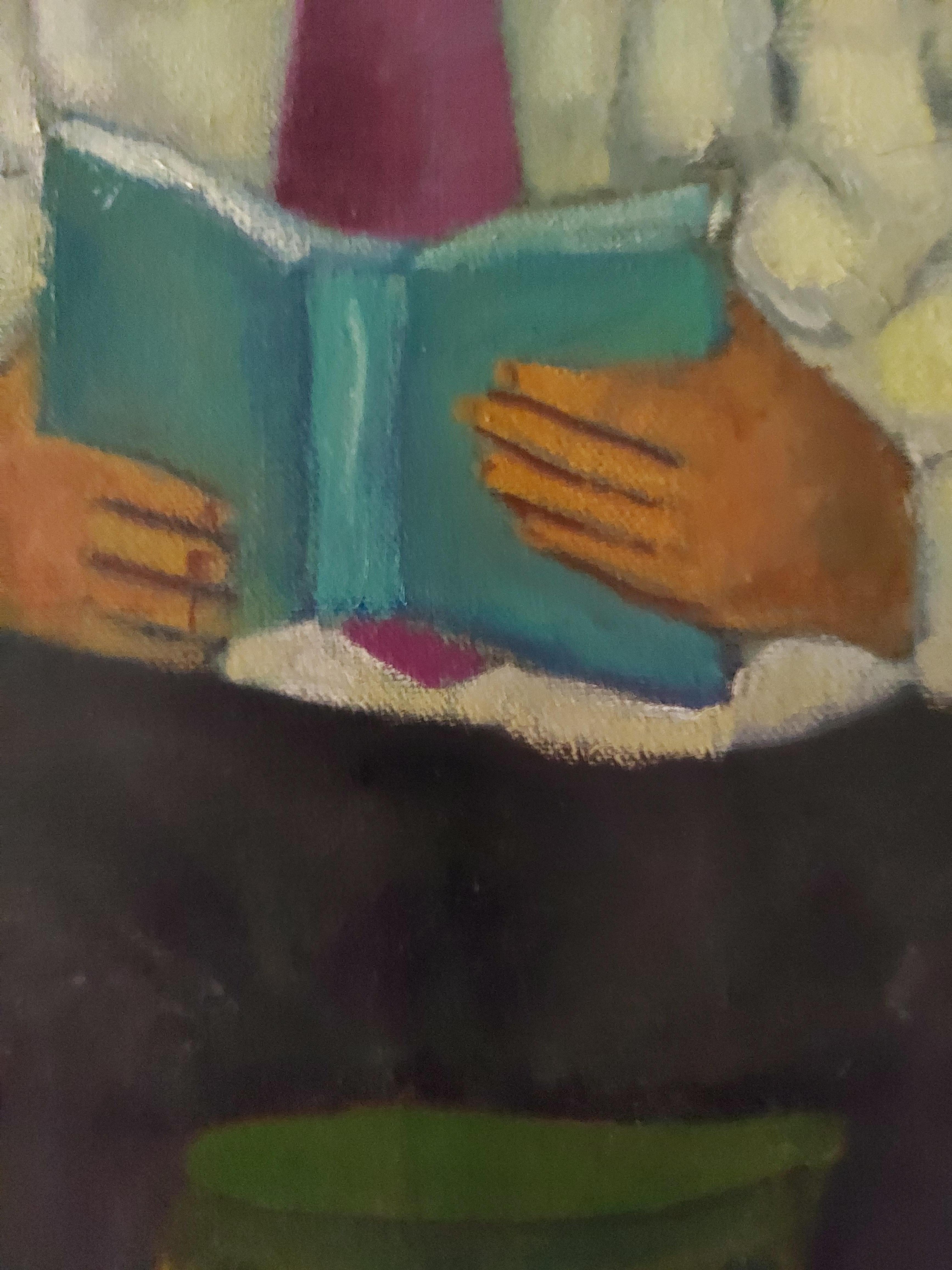 Travel Guide. Seated male figure reading large yellow bird shaped canvas - American Modern Painting by Stephen Basso