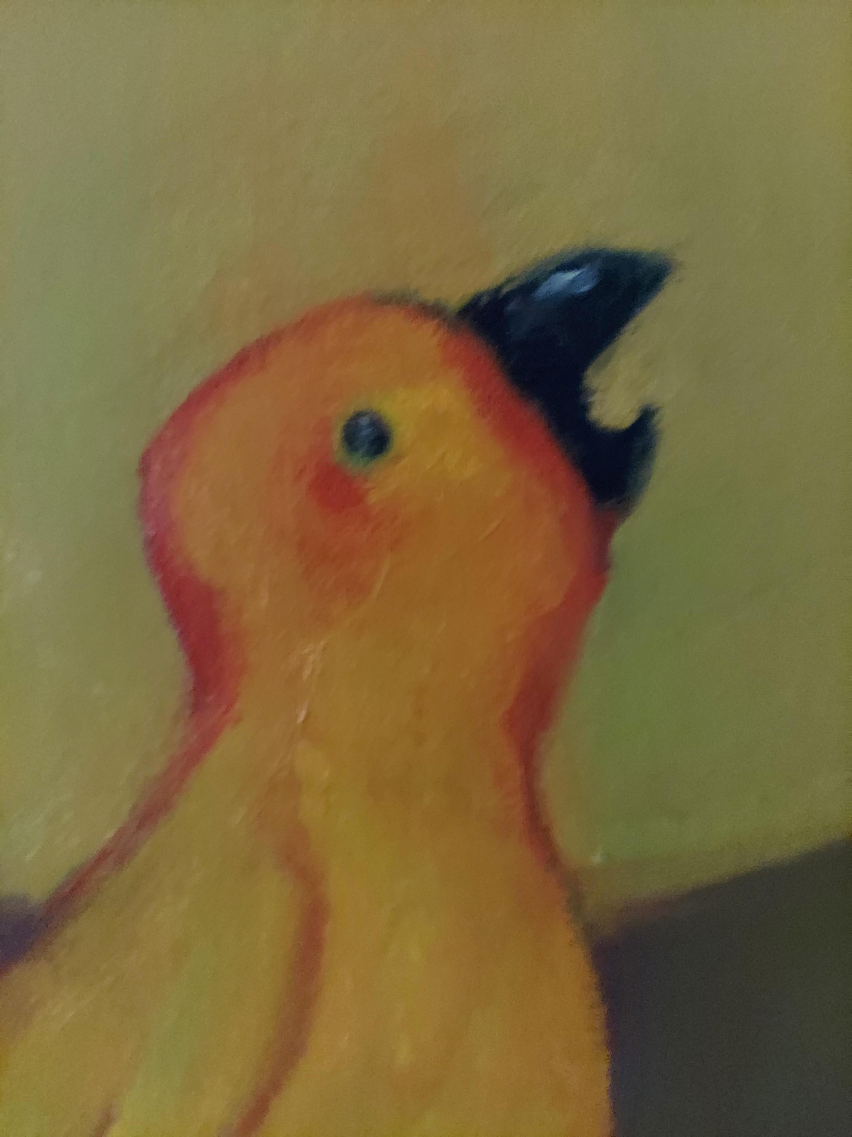 Travel Guide. Seated male figure reading large yellow bird shaped canvas - Black Interior Painting by Stephen Basso