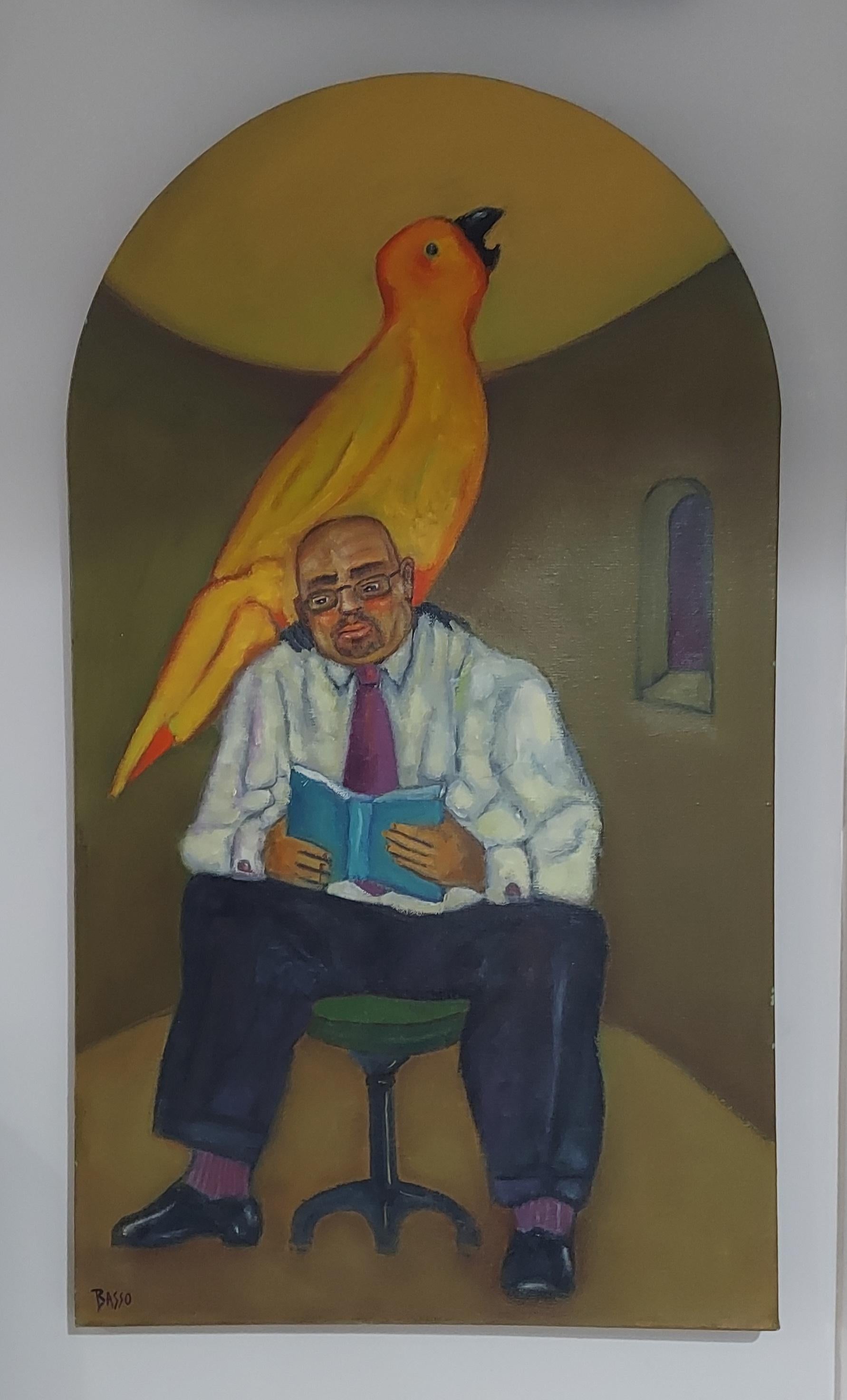 Travel Guide. Seated male figure reading large yellow bird shaped canvas