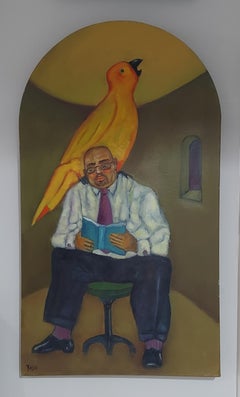 Travel Guide. Seated male figure reading large yellow bird shaped canvas