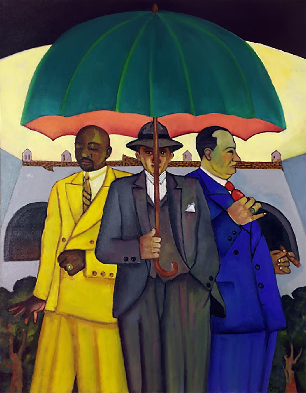 Trio in Rio, bright color oil painting of figure umbrella men in suits - Painting by Stephen Basso