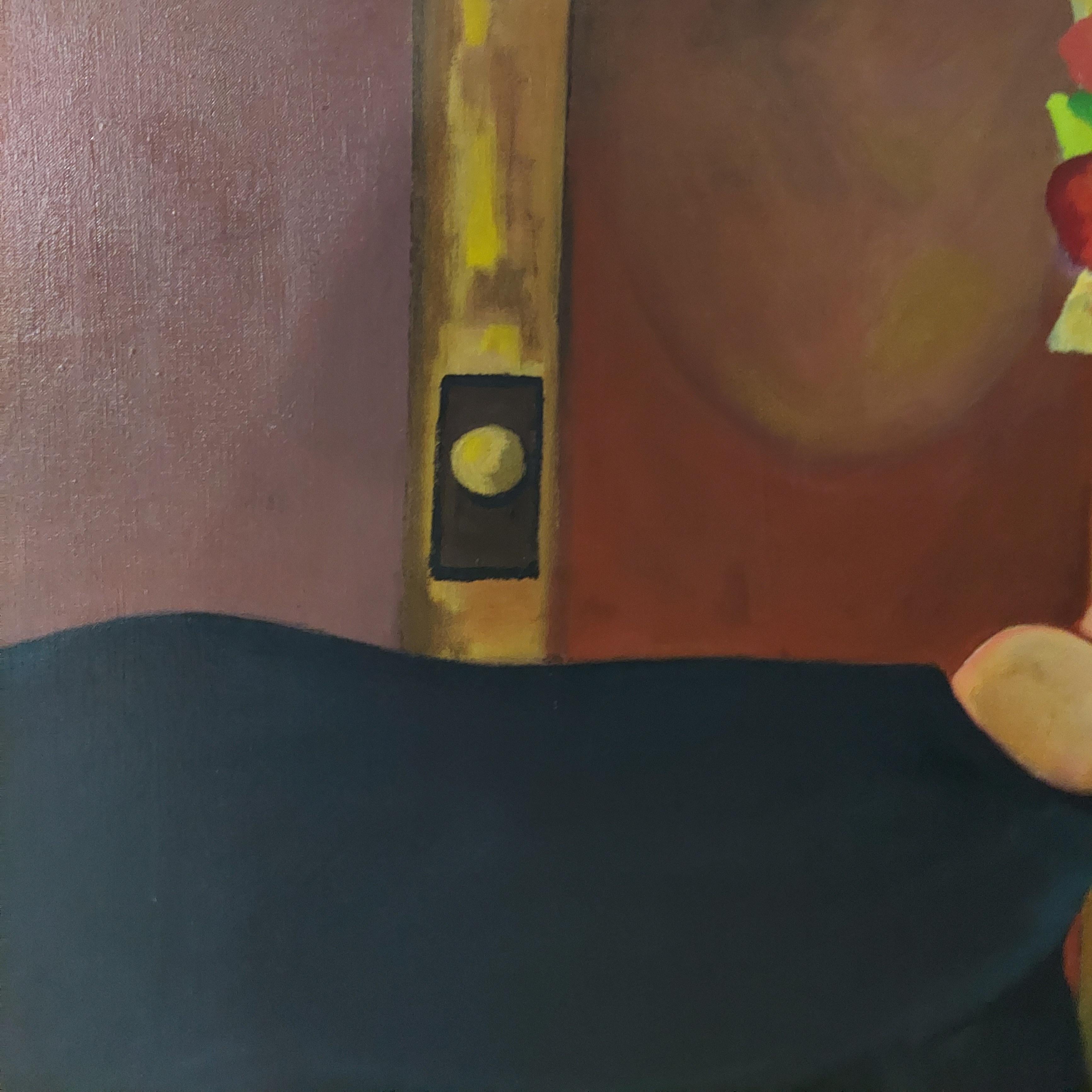 Gato de Troya imagen onírica surrealista de un niño pequeño dentro de un gran gato negro - Painting Surrealista de Stephen Basso