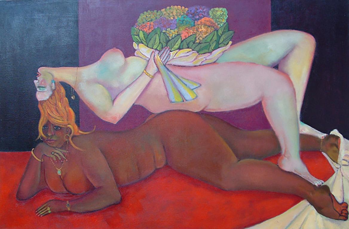 two reclining nudes, colorful women, bold, feminist figures