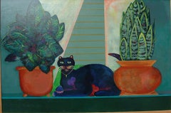 Vintage valentine cat, colorful greens, plants, interior by window
