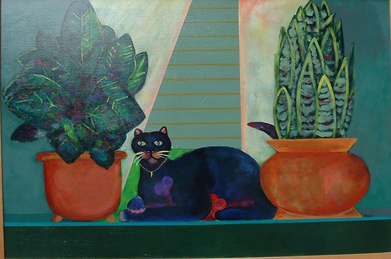 Stephen Basso Animal Painting - valentine cat, colorful greens, plants, interior by window