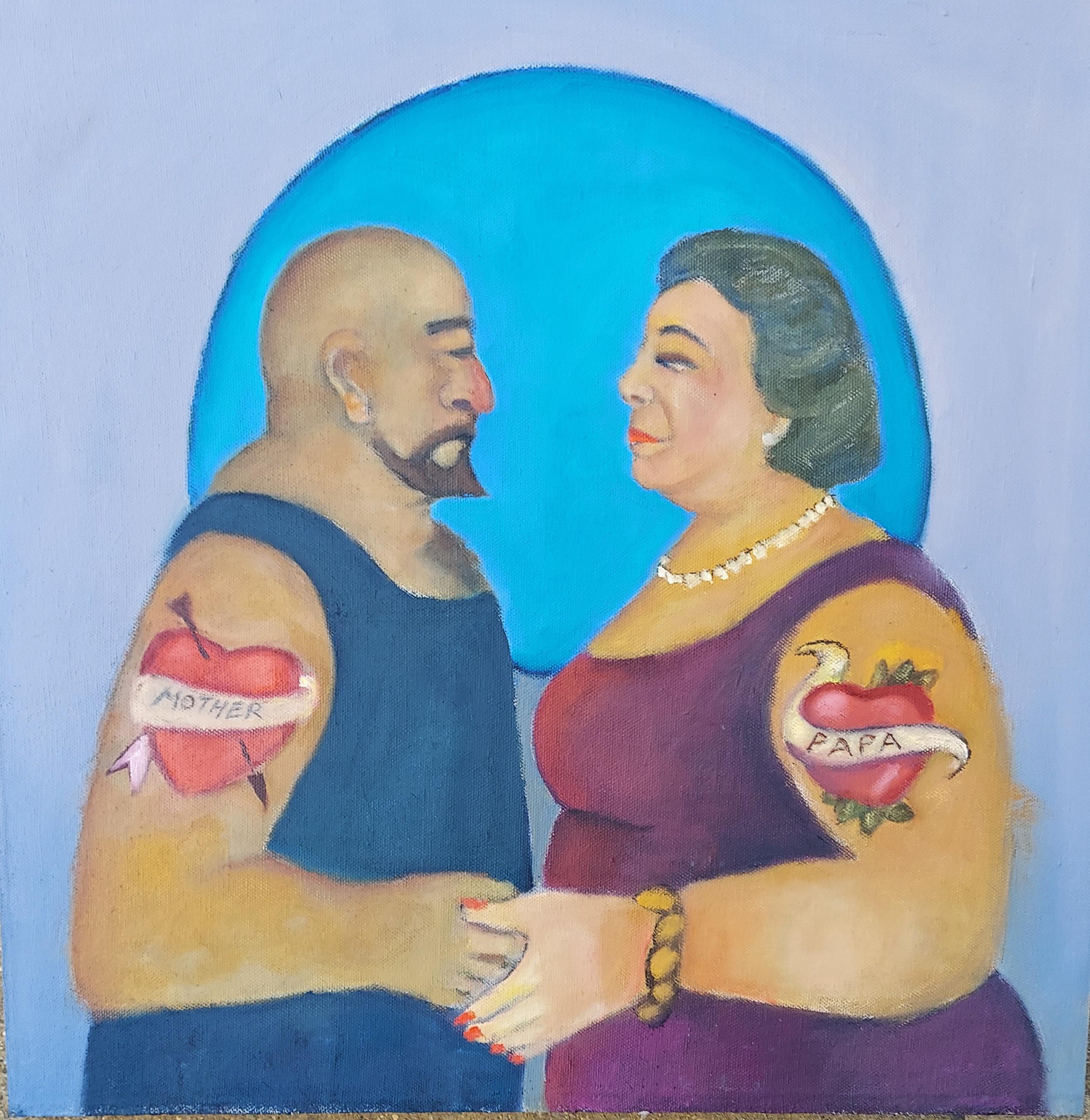 Figurative Painting Stephen Basso - Valentin Couple homme et femme tatoués plus âgés thème amour valentin couleur chaude