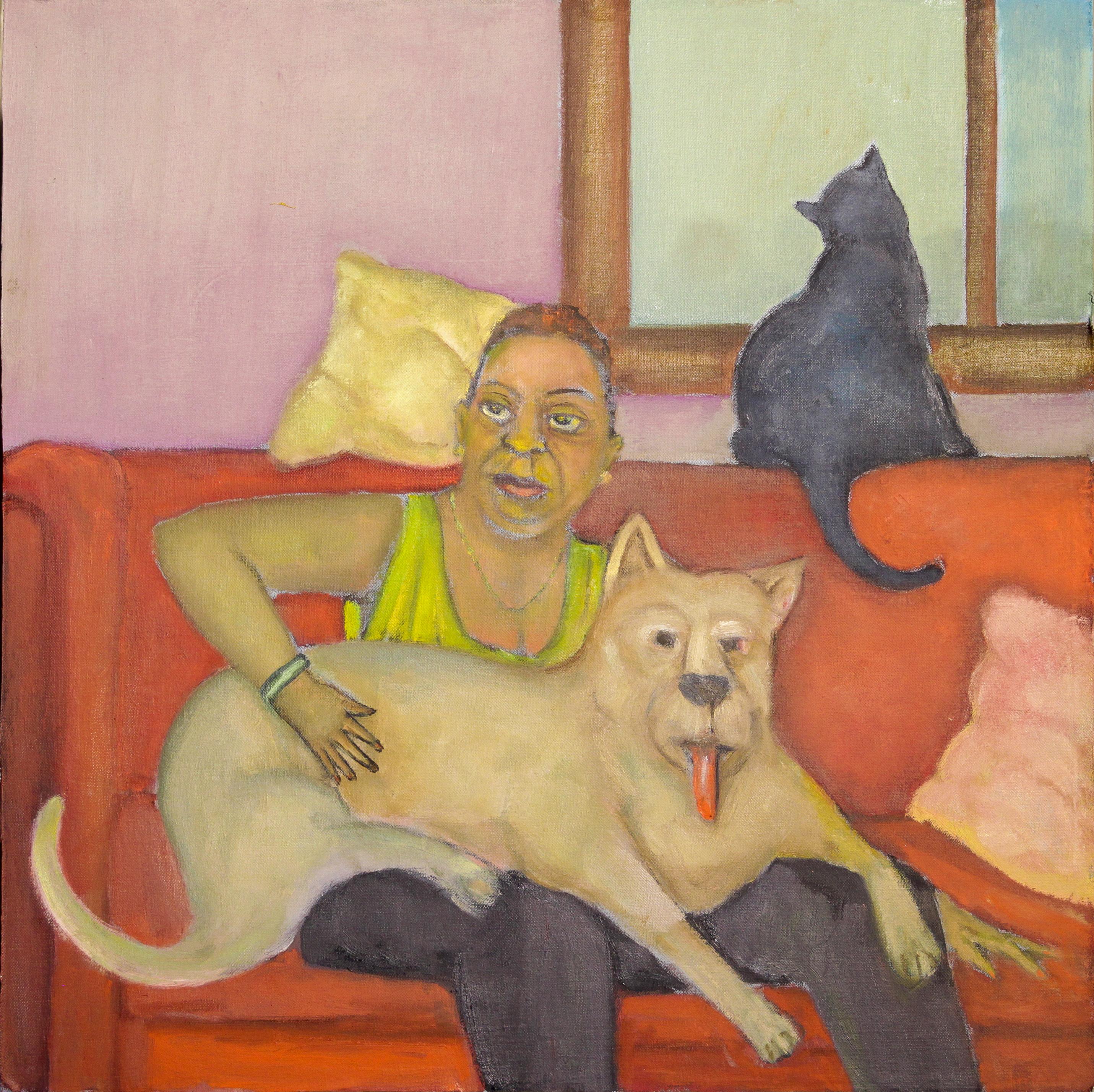 Viola and the Gatekeepers humans and animals bright color cats and dogs - Painting by Stephen Basso