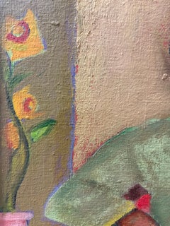 Waiting Room oil painting Seated woman, green dress suit w/cane, rosy pink chair
