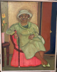 Waiting Room oil painting Seated woman, green dress suit w/cane, rosy pink chair