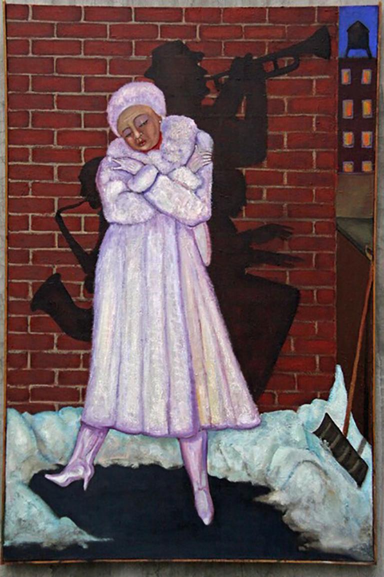 Stephen Basso Figurative Painting - white mink, oil painting of urban scene, w snow, music reference in shadow