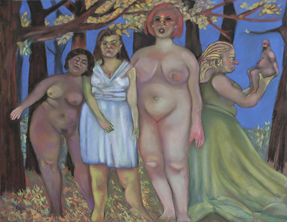 Stephen Basso Figurative Painting - wildwood, four female figures, small male, some nude