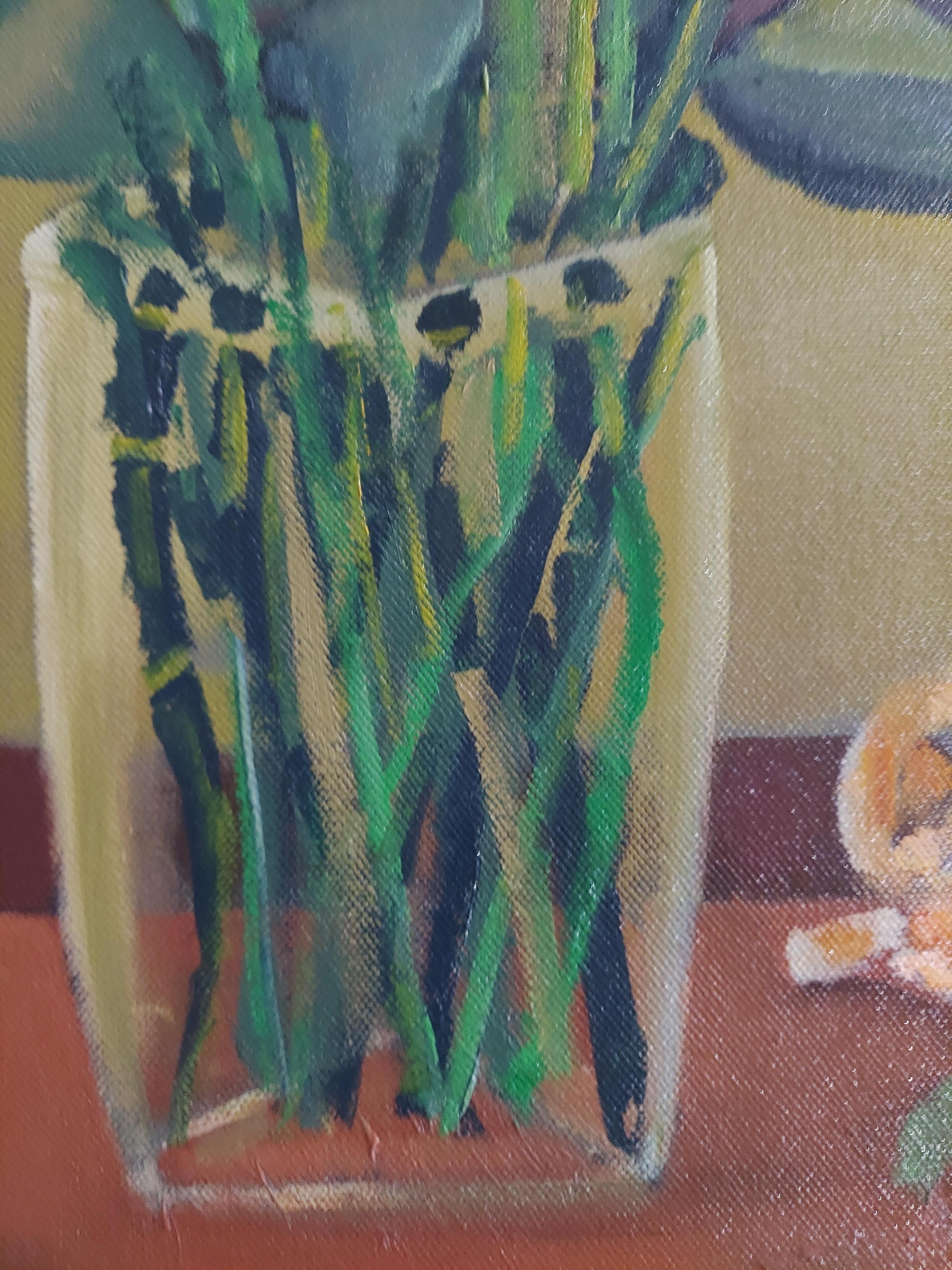 Wunderland  kleine Skala sitzende Frau mit großen Blumenstrauß weichen grünen Farben (Schwarz), Interior Painting, von Stephen Basso