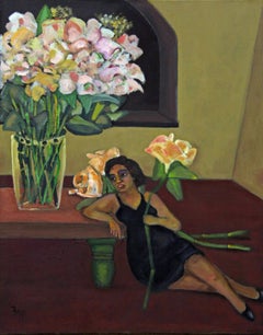 Wonderland  small scale seated woman with large bouquet soft green colors