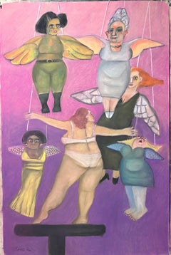 Holzengel – weibliche Figur mit verschiedenen Engelsskulpturen und Marionettendrähten