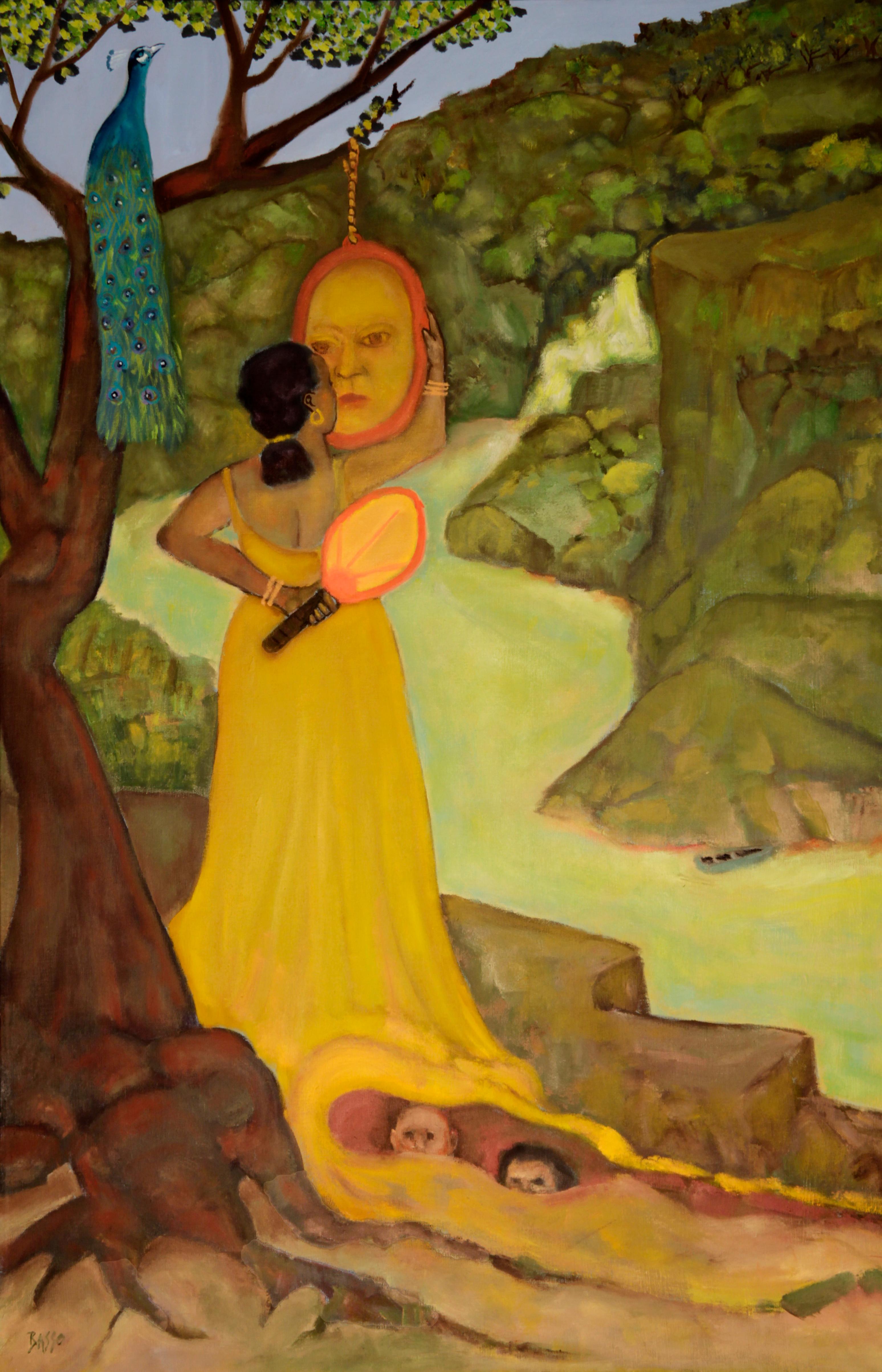 Figurative Painting Stephen Basso - Reflet jaune femme en robe jaune miroir paon et enfants images