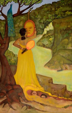 Yellow Reflection woman in yellow gown mirror peacock and children images