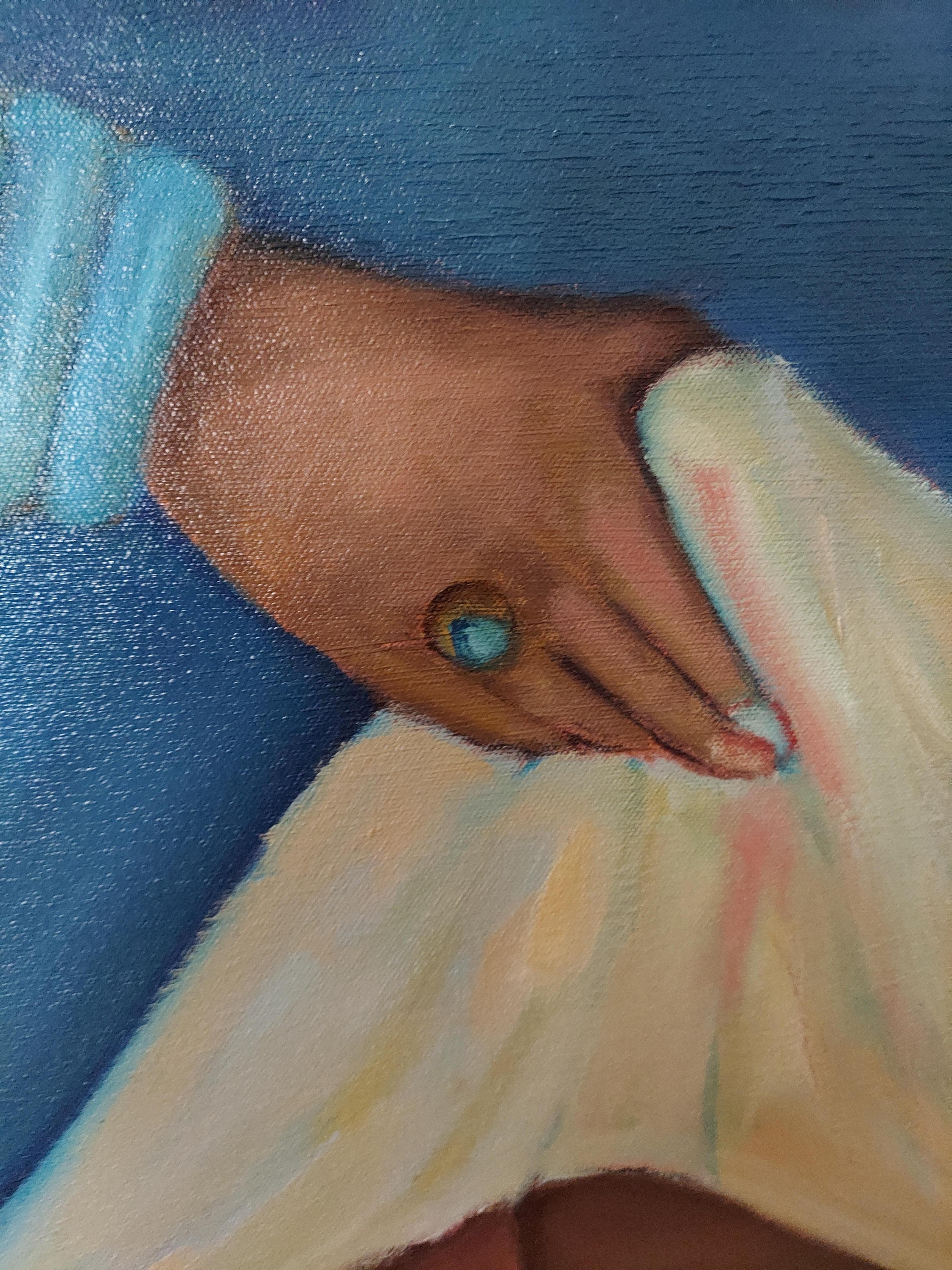 il soggetto di questa opera è Yemaya orisha o santo dei sette oceani. I suoi colori sono il blu e il bianco ed emana grande potere e amore. 