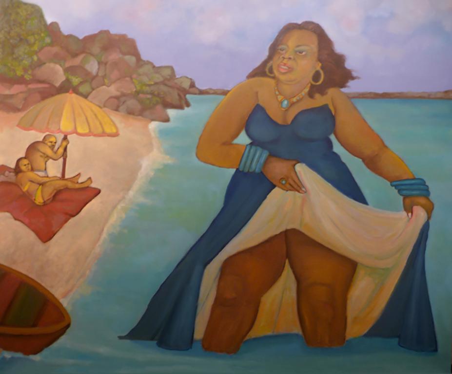Yemaya Desembarcar, colorful mythic woman in ocean seascape at beach