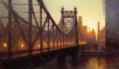 "Puente Queensboro" Pintura al óleo realista, puente en Nueva York al atardecer
