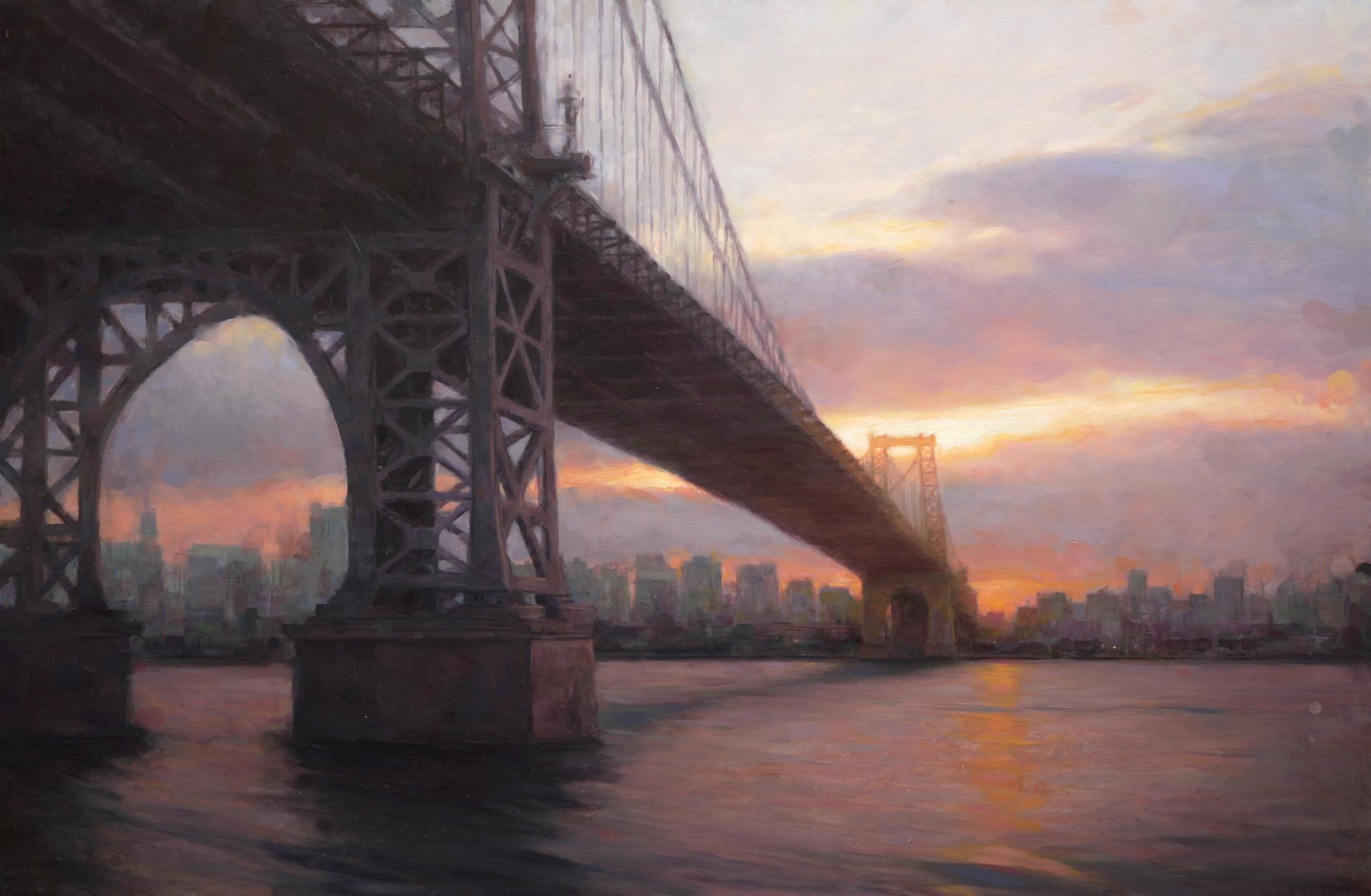Still-Life Painting de Stephen Bauman and Steven Forster - "Puente de Williamsburg" pintura al óleo, realista, construcción icónica, lower east side NYC