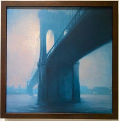 "Ponte di Brooklyn" - Pittura ad olio contemporanea, nebbia di New York, toni lunatici