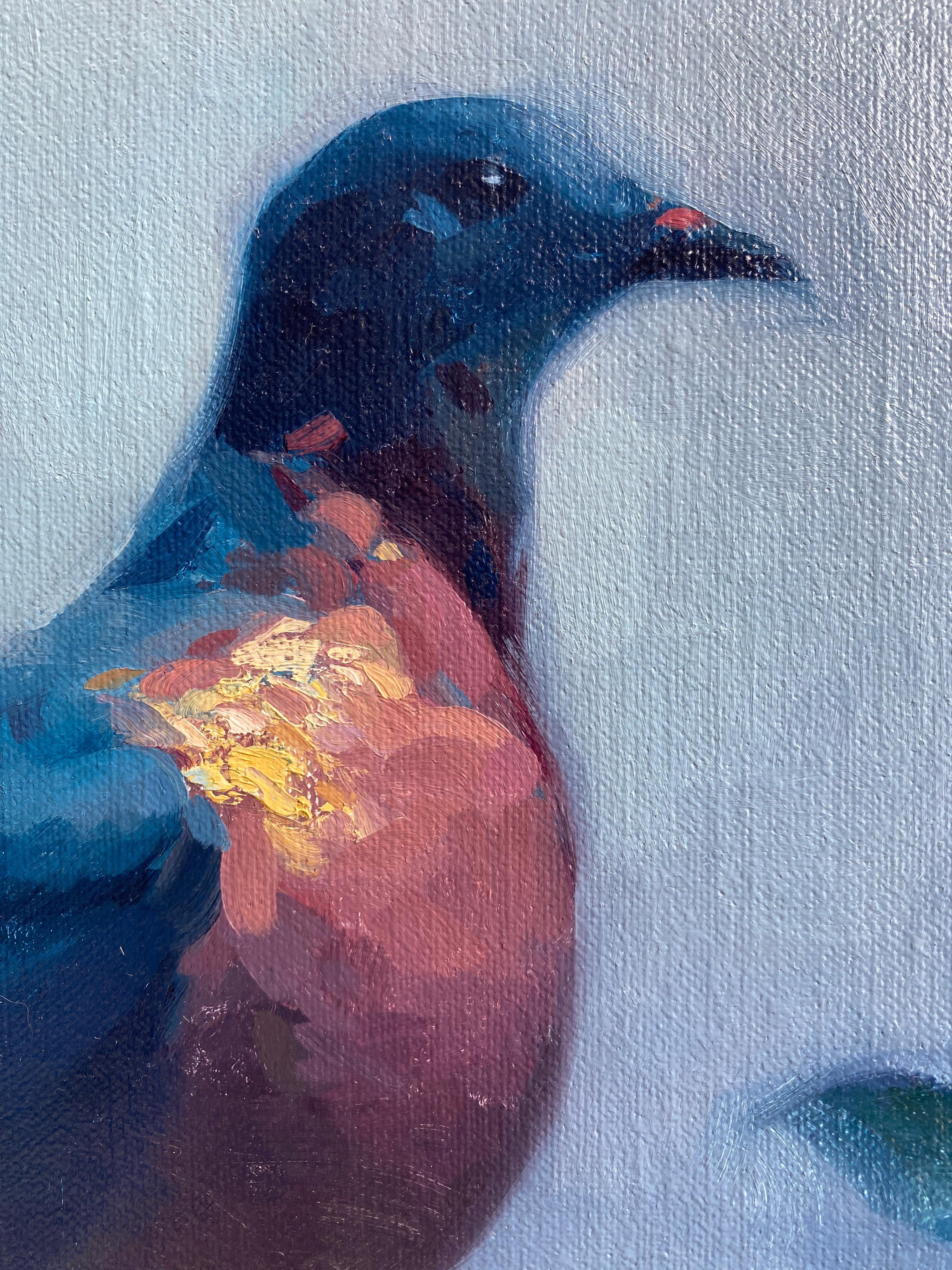 Carrier Pigeon - oil painting by American Realist, moody blue tones - Blue Portrait Painting by Stephen Bauman