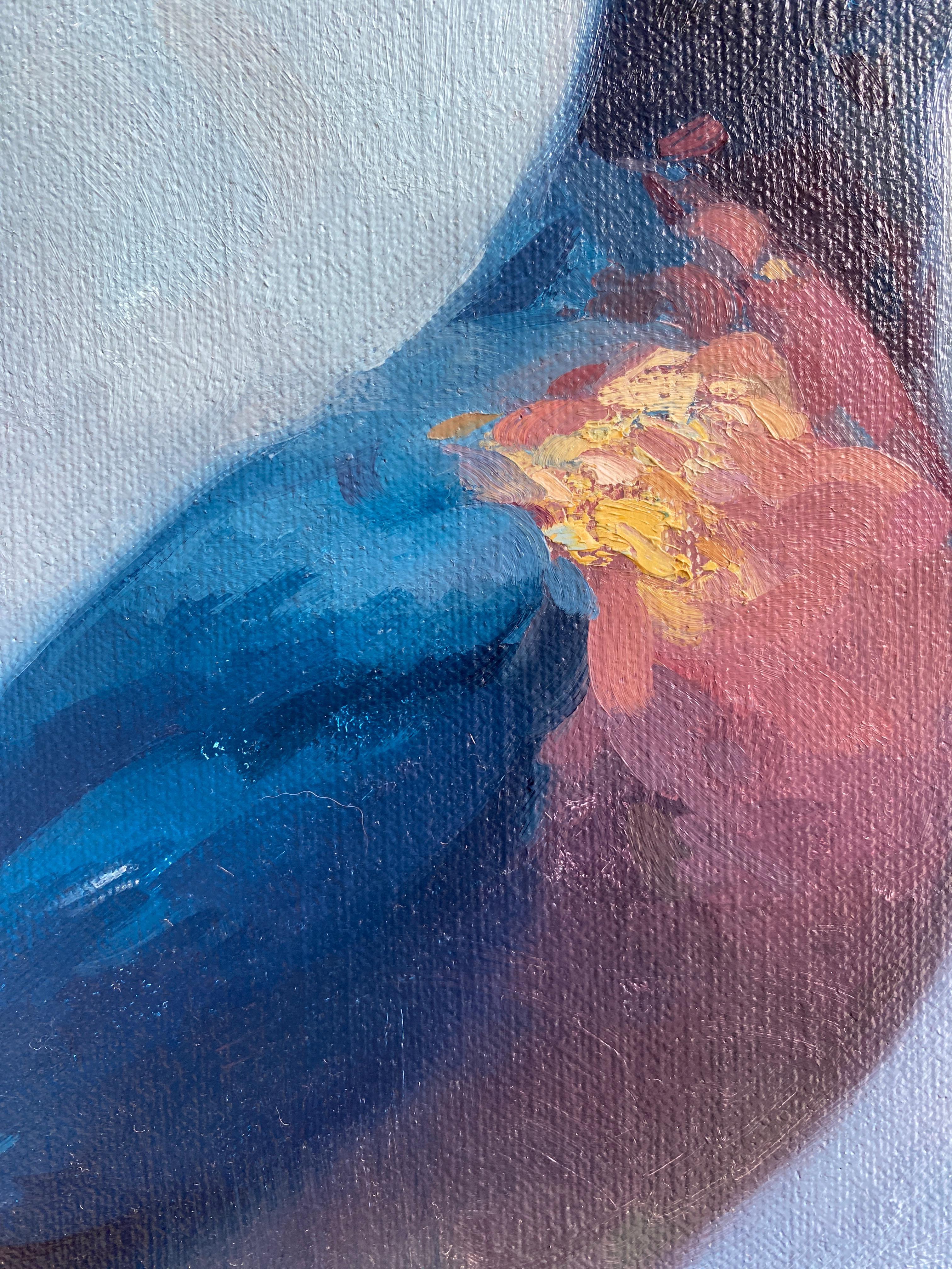 An oil on linen painting of a bird on a branch, seen through Contemporary Realist painter Stephen Bauman's signature cerulean lens. The pigeon appears blue, with a pink belly, and a bright yellow highlight along it's collar. The pointed beach is