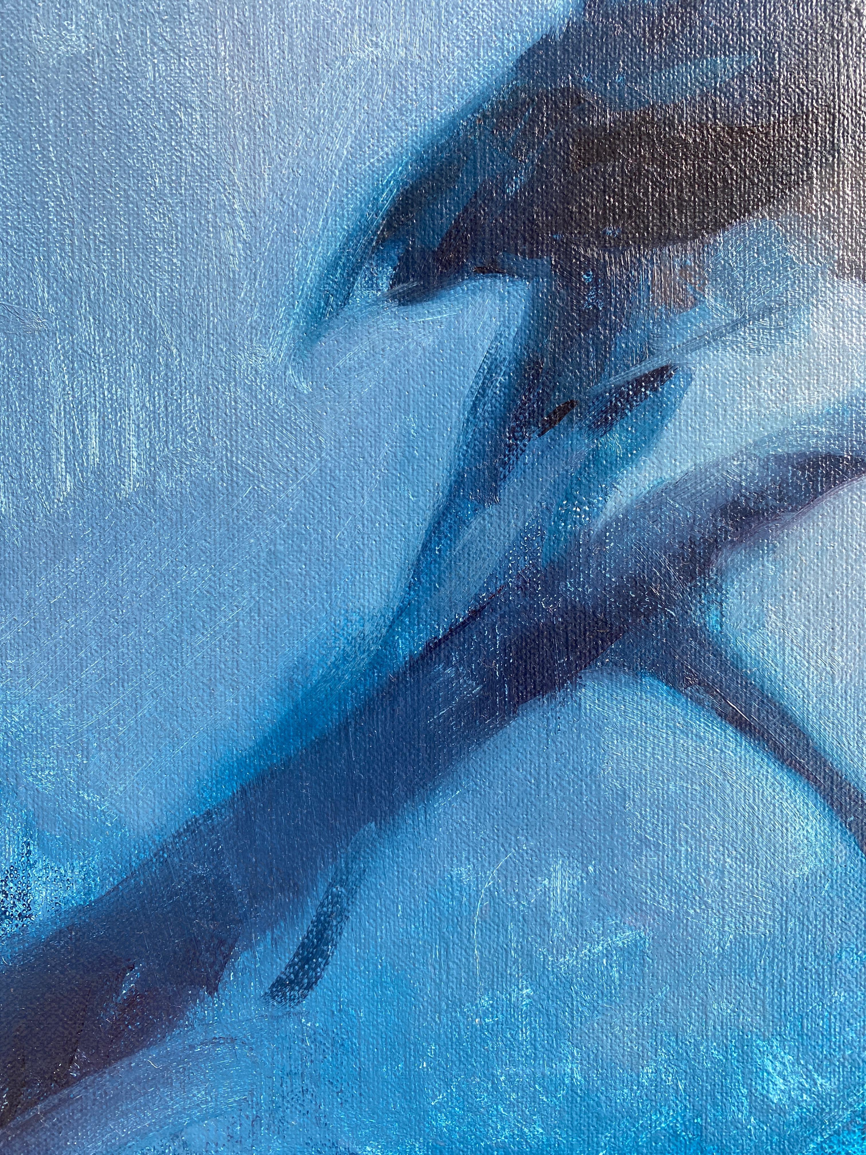 Carrier Pigeon - peinture à l'huile du réaliste américain, tons bleus lunatiques en vente 3