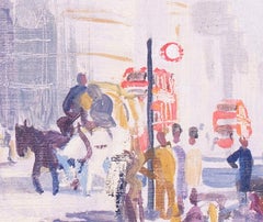 Óleo de principios del siglo XX de una calle de Londres con un hombre de trapo y hueso