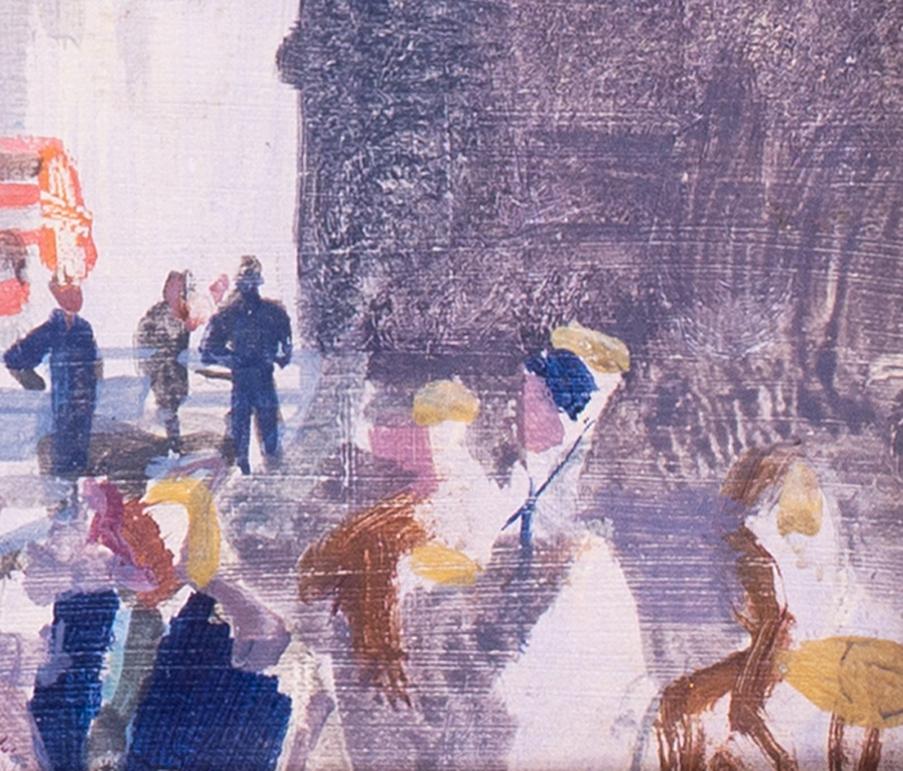 Ölgemälde einer Londoner Straße des frühen 20. Jahrhunderts mit einem Lumpen- und Knochenmann (Grau), Figurative Painting, von Stephen Bone