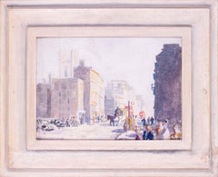 Peinture à l'huile du début du XXe siècle représentant une rue de Londres avec un homme en chiffon et os