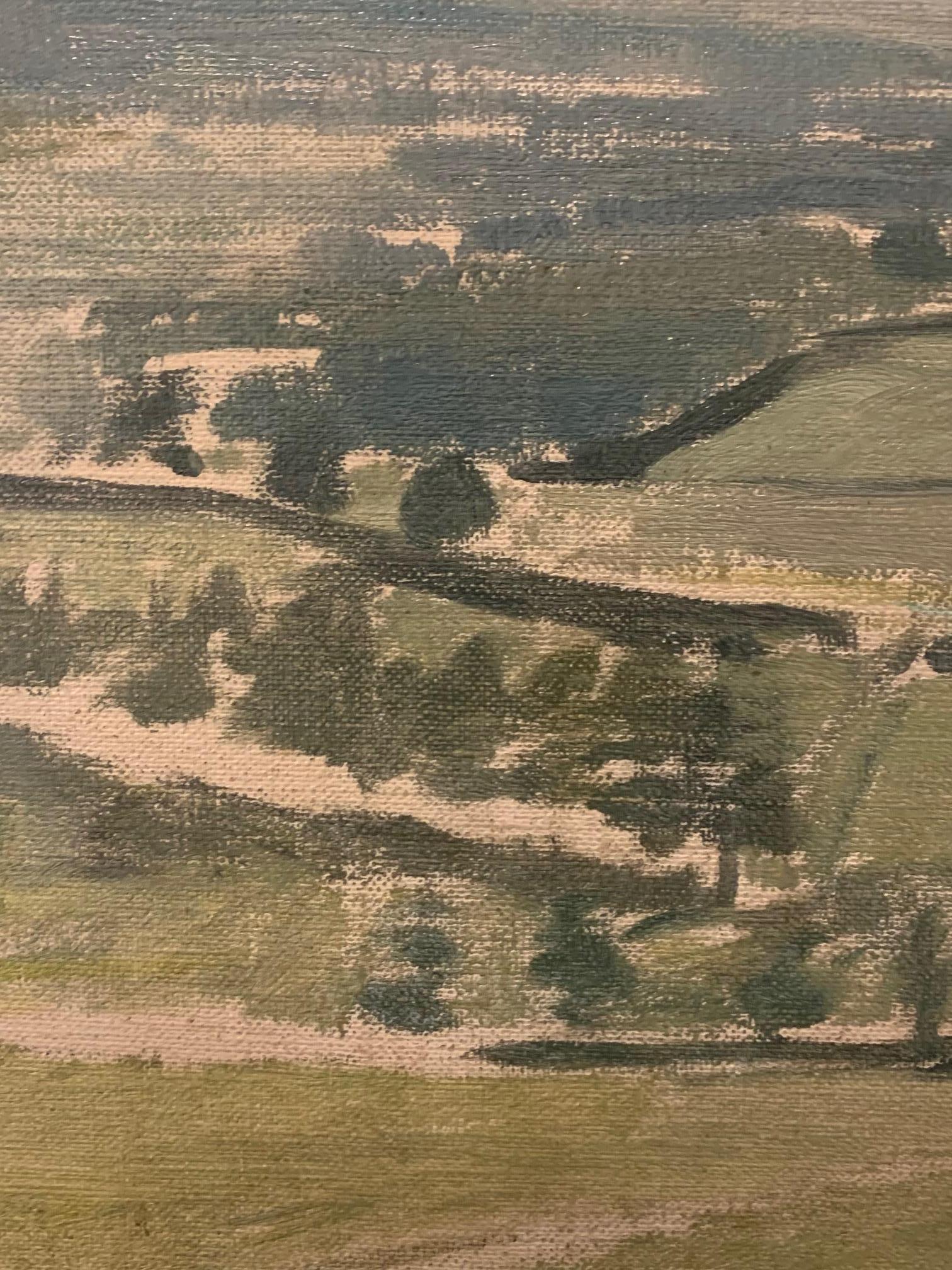 Paisaje - Pintura al óleo del siglo XX en verde y gris en venta 2