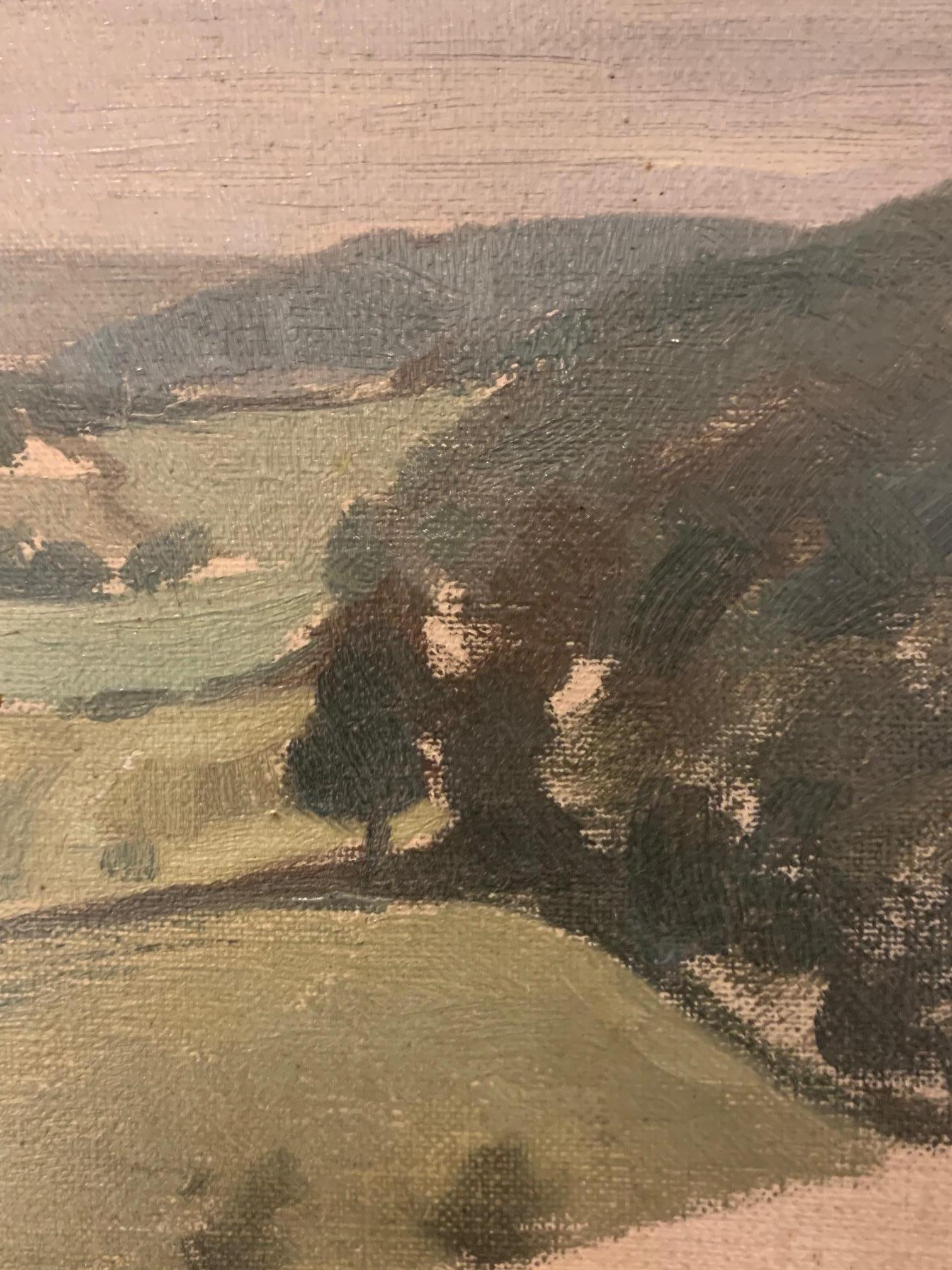 Paisaje - Pintura al óleo del siglo XX en verde y gris en venta 4