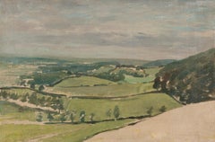 Paesaggio - Pittura ad olio del XX secolo in verde e grigio
