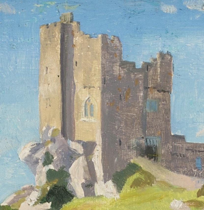 Castillo de Roch, Pembrokeshire - Pintura al óleo de paisaje del siglo XX con verde - Landscape Painting Gris de Stephen Bone