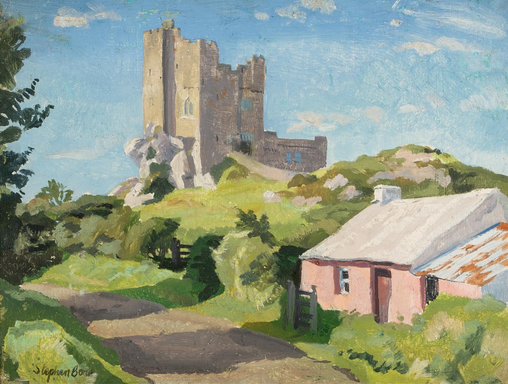Landscape Painting de Stephen Bone - Castillo de Roch, Pembrokeshire - Pintura al óleo de paisaje del siglo XX con verde