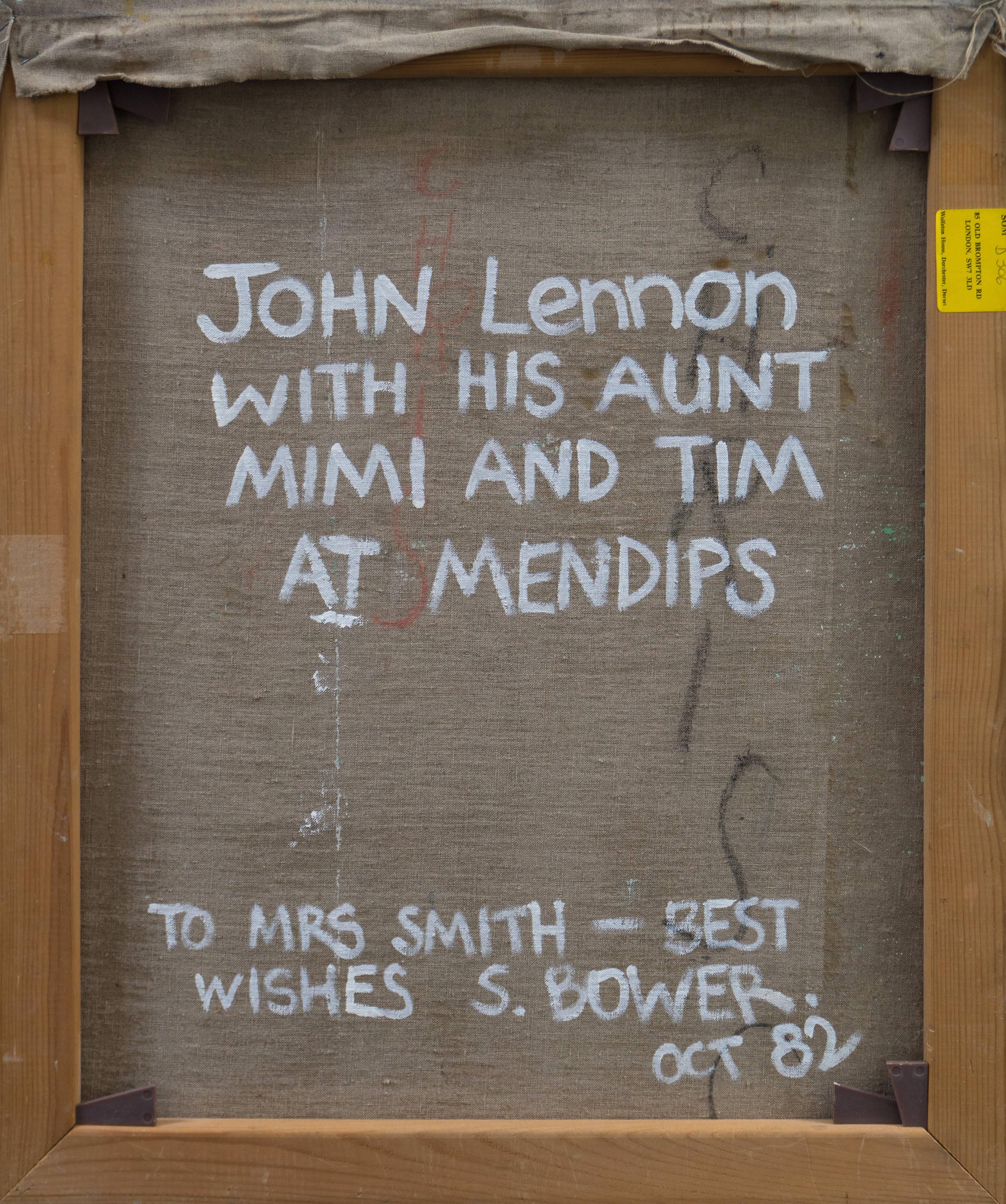 „John und Mimi mit Tim“, John Lennon, England, Manchester College of Art (Braun), Portrait Painting, von Stephen Bower