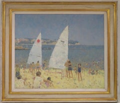 Vintage ORIGINAL MODERN BRITISH Oil Painting - Beach At Beer Devon SUMMERTIME 