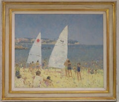 Retro ORIGINAL MODERN BRITISH Oil Painting - Beach At Beer Devon SUMMERTIME 