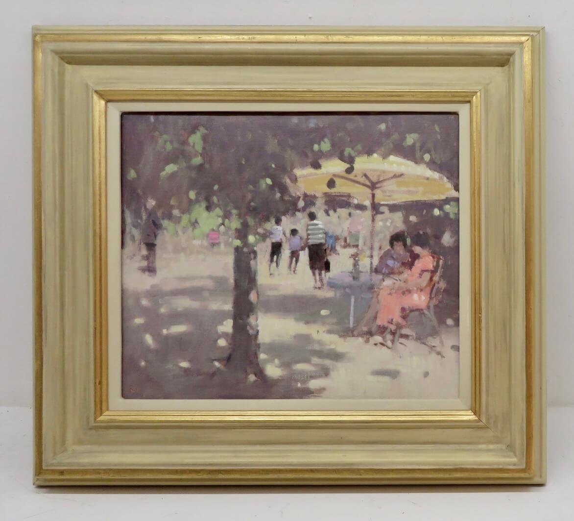 ARTIST: Stephen Brown RBA (1947-) British 

TITLE: "In The Shade Orbatello Italy"

SIGNED:  initialled lower left and labelled verso

MEDIUM: oil on board

SIZE:  52cm x 47cm inc frame 

CONDITION: very good

DETAIL:Stephen Brown was born in Chard,