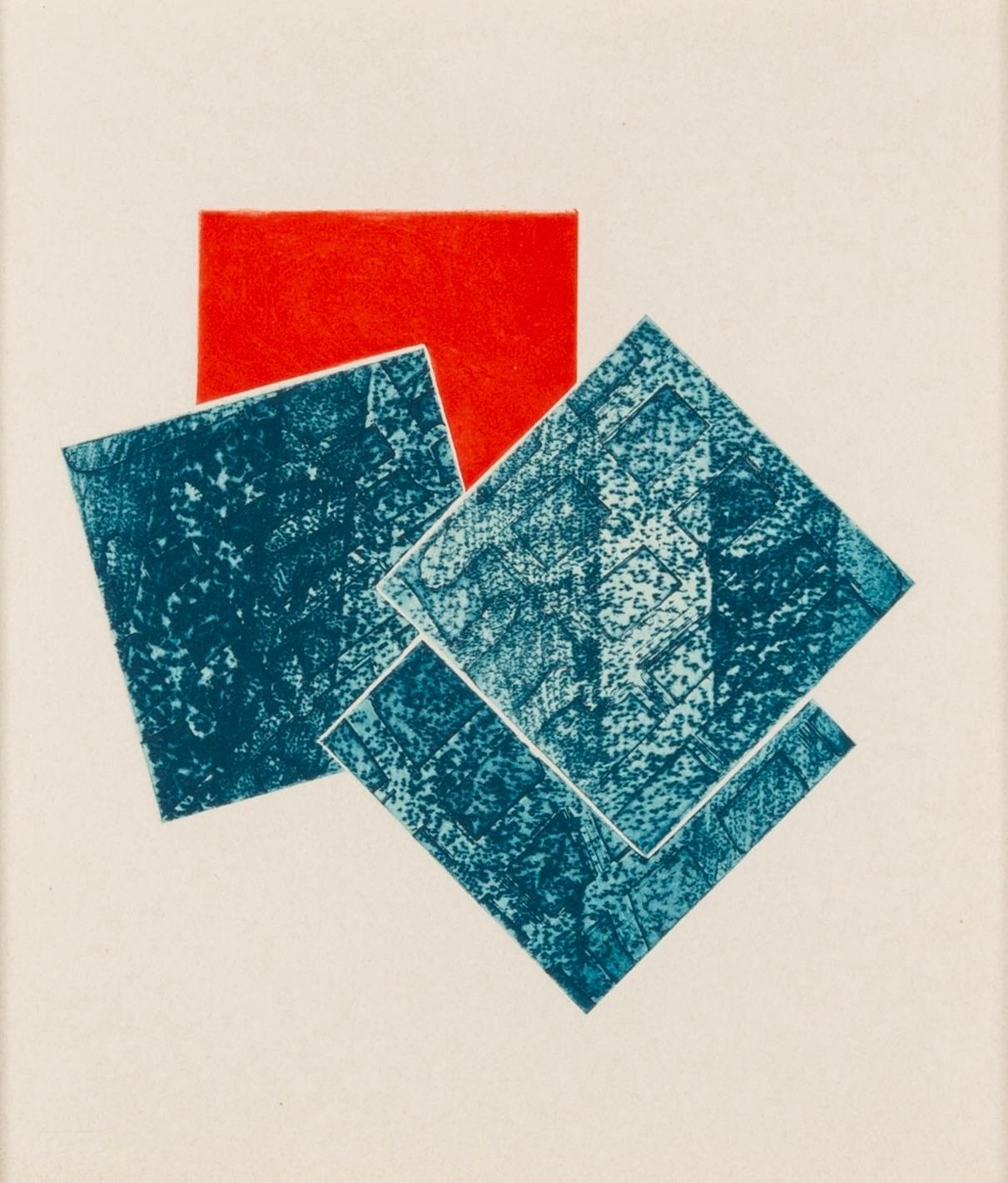 Stephen Buckley Abstract Print – Untitled (Small Etching J), 1979 – Geometrischer abstrakter Druck ohne Titel, Weiß, Blau + Rot