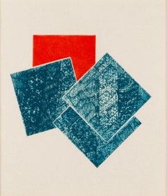 Untitled (Small Etching J), 1979 – Geometrischer abstrakter Druck ohne Titel, Weiß, Blau + Rot