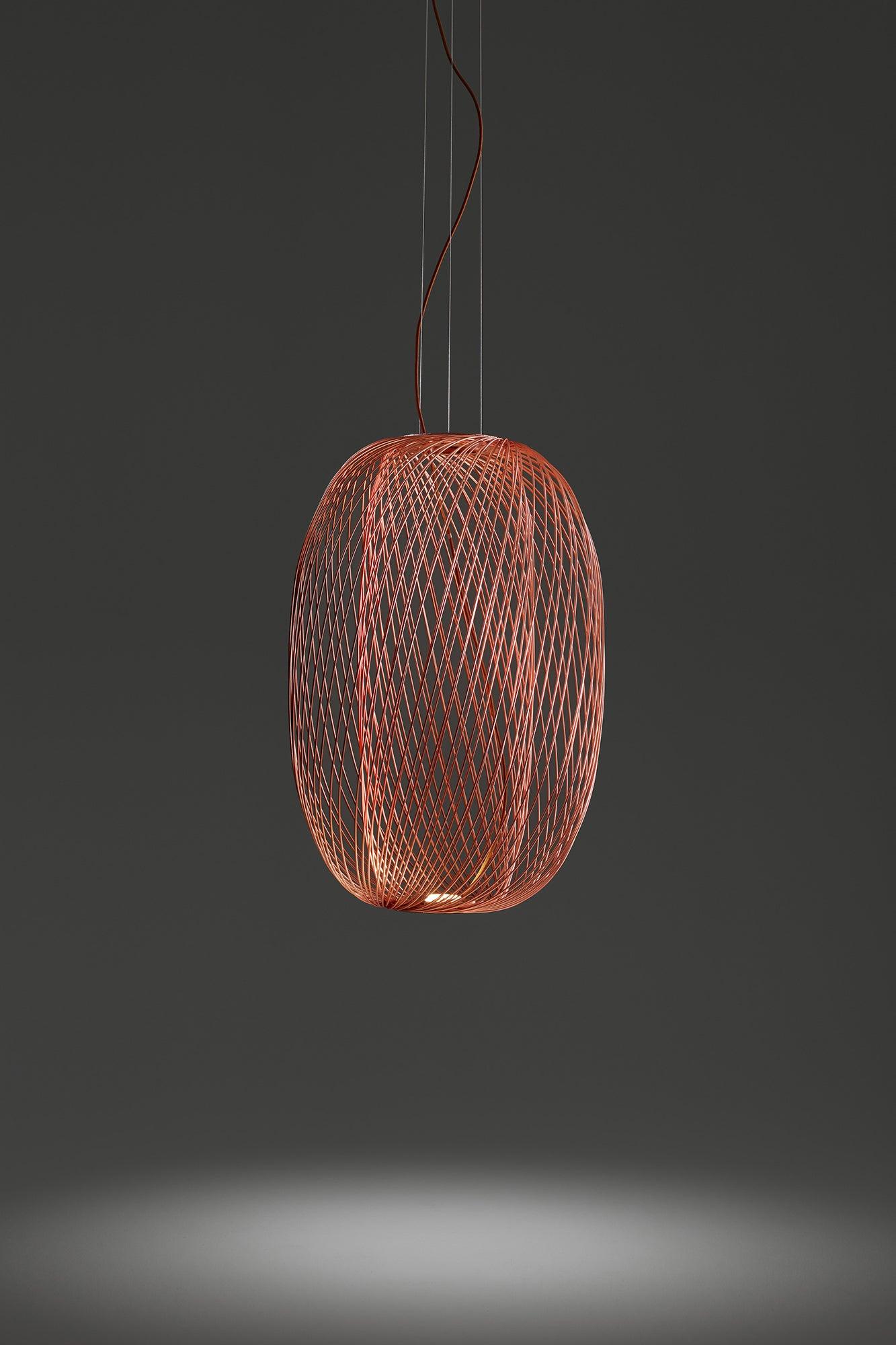 Stephen Burks Anwar T 90 Copper for Parachilna

Each structure is composed by nearly 100 steel rods welded one by one. It’s an artisanal lamp that reminds traditional wicker baskets. Different shapes and different finishes can be