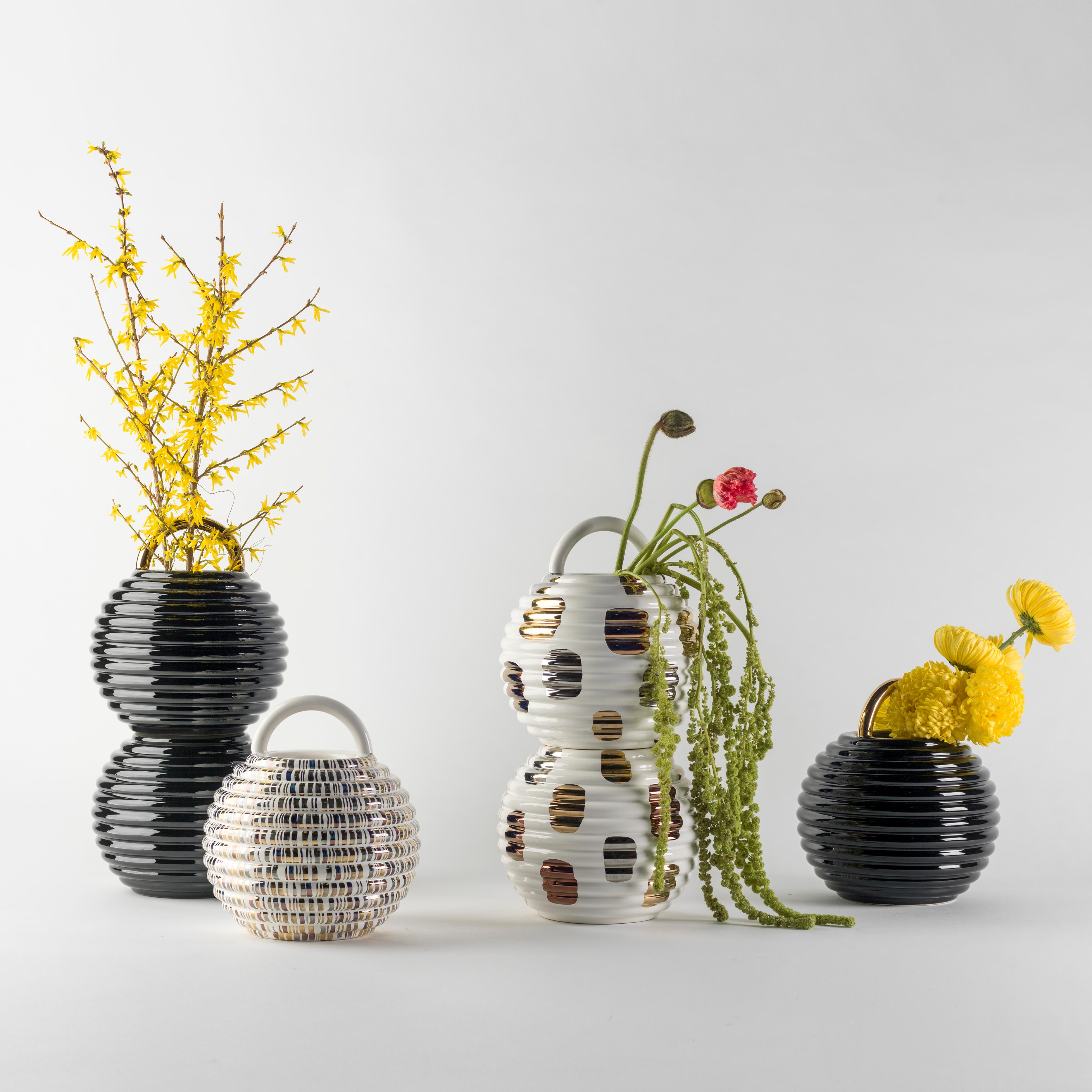 Stephen Burks Contemporary Ceramic Vase in Black Grasso Lines 1